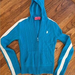 Juicy Couture Teal Cable Knit Cashmere Zip Hoodie Sweater
